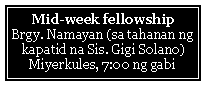 Text Box: Mid-week fellowshipBrgy. Namayan (sa tahanan ng kapatid na Sis. Gigi Solano)Miyerkules, 7:00 ng gabi 